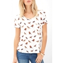 Cute Bird Print Pocket Short Sleeve T-Shirt