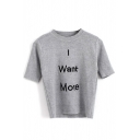 Gray Short Sleeve Letters Embroidered Crop Knitting Top