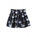 Black Elegant Swan Print Mini Pleated Skirt