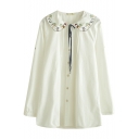 White Long Sleeve Embroidered String Pleated Detail Shirt