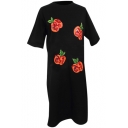 Black Short Sleeve Sequins Apple T-Shirt Dress