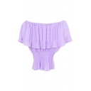 Lilac Ruffle Layer Off-the-Shoulder Elastic Waist Chiffon Blouse