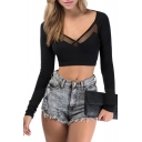 Sheer Back Cross V-Neck Long Sleeve Cropped T-Shirt with Metallic Button