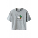 Cactus and Cat Print Round Neck Short Sleeve T-Shirt