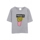 Gray Cartoon French Fries Print Crop T-Shirt