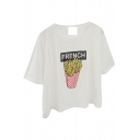 White Cartoon French Fries Print Crop T-Shirt
