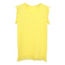 Yellow Sleeveless Tassel Trim Knitting T-Shirt