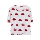 All Over Red Lips Print Crop T-Shirt