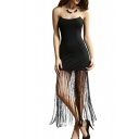 Black Fitted Slip Dress with Tassel Hem