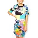 Short Sleeve Vintage Flower&Colorful Checker Print Slim Dress