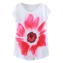 Ink Color Red Flower Print White Short Sleeve T-Shirt