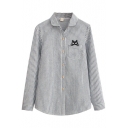 Blue Vertical Gray Thin Stripe Kitty Embroidered Single Pocket Shirt