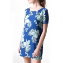 Blue Short Sleeve Elegant Flower Print Mini Dress