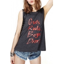 Gray Round Neck Red Letter Print Tank
