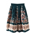 Dark Green Vintage Flower Midi A-line Skirt
