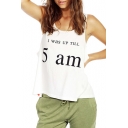 White Loose Tanks with Black Letters Print