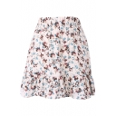 White Background Colorful Flora Elastic Waist Short Skirt