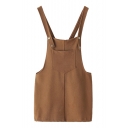 Plain Three Pockets Buttons Laid Back Woolen Overalls