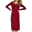 Burgundy Round Neck Side Split Slim Tea Length Dress