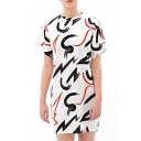White Abstract Print Short Sleeve Pencil Dress