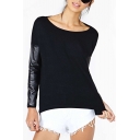Black Long Sleeve Knit PU Insert Fitted T-Shirt