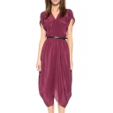 Burgundy V-Neck Short Sleeve Asymmetric Hem Tea Length Dress with Belt