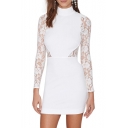 Sexy Lace Panel Top Keyhole Back High Neck White Bodycon Dress