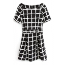Black Plaid Boat Neck Short Sleeve Fitted Dress