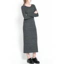 Gray Round Neck Long Sleeve Maxi Dress