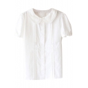 White Short Sleeve Embroidered Detail Lapel Cute Shirt
