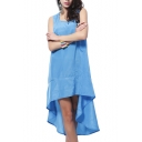 Ocean Blue Square Neck Vest Style Asymmetric Hem Loose Dress