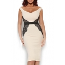 Sexy Boat Neck Fitted Dress with Lace Inserted Waist