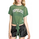 Green Letter Print Knotted Front Sheer Top