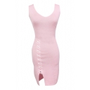 Pink V-Neck String-Up Detail Knitting Bodycon Dress
