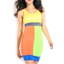 Bright Color Block Round Neck Sleeveless Bodycon Dress