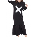 Letter Print Long Sleeve Hooded Maxi Dress with Ruffle Hem