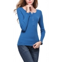 Plain Knit Buttons Long Sleeve Fitted Sweater