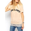 Letter Print Short Sleeve Tee with Lace Hem