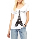White Short Sleeve Eiffel Tower Fitted T-Shirt