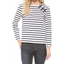 Mono Stripe Print Long Sleeve Top with Bow Detail Button