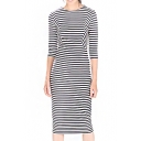 Striped 3/4 Sleeve Fitted Midi Dress