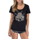 Black Short Sleeve Sound Mushroom Print T-Shirt