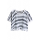 Blue Striped Lace Trimmed Crop T-Shirt