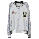 Mono Contrast Stripes Collar Kitty Embroidery Chest Applique Detail Baseball Jacket