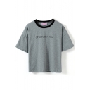 Gray Short Sleeve Stuck On You Print Crop T-Shirt