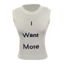 Gray Sleeveless Knitting Top with Letters Embroidered