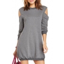 Cold Shoulder Elastic Trim Gray Sweatshirt Style Dress
