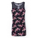 Red Floral Print Sleeveless Fitted Tank Dress