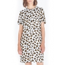 White Short Sleeve Leopard Print Zip Back Dress