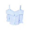 Blue Off-the-Shoulder Stripe Button Fly Ruffle Cuff Crop Blouse